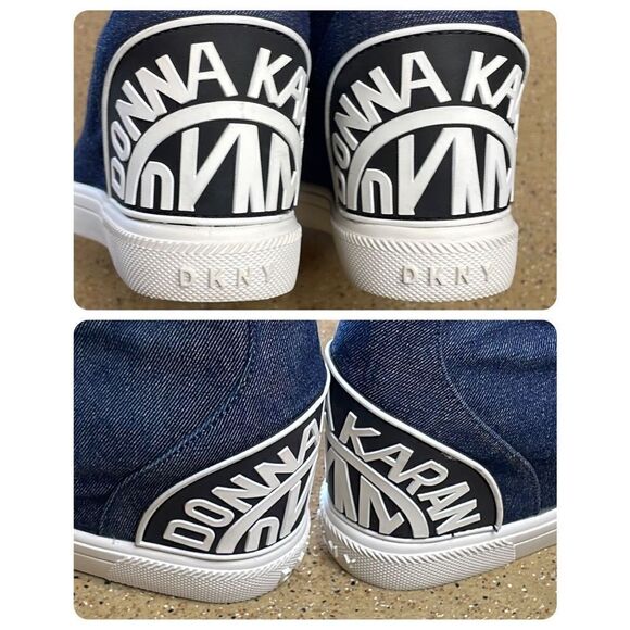 DKNY Chambray Denim Wedge Zip Front Sneakers 7 Dark Denim Blue - Picture 7 of 14